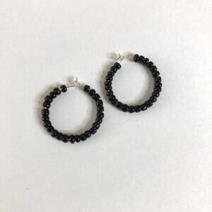 Black beaded handmade silver hoop earrings 20mm